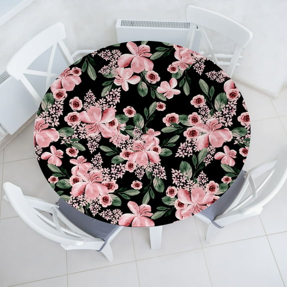 Ambesonne Floral Fitted Round Tablecloth, Flowers Garden Watercolor, 45"- 56" Diameter, Pastel Pink Hunter Green