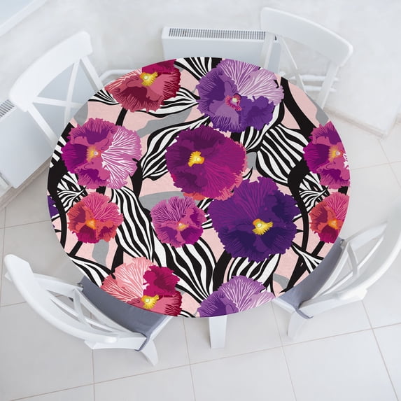 Ambesonne Floral Fitted Round Tablecloth, Flowers Monochrome Leaves, 45"- 56" Diameter, Eggplant White and Magenta