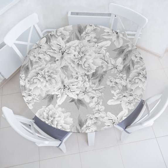 Ambesonne Floral Fitted Round Tablecloth, Flowers Muted Tones Vintage, 36"- 40" Diameter, Pale Grey and White