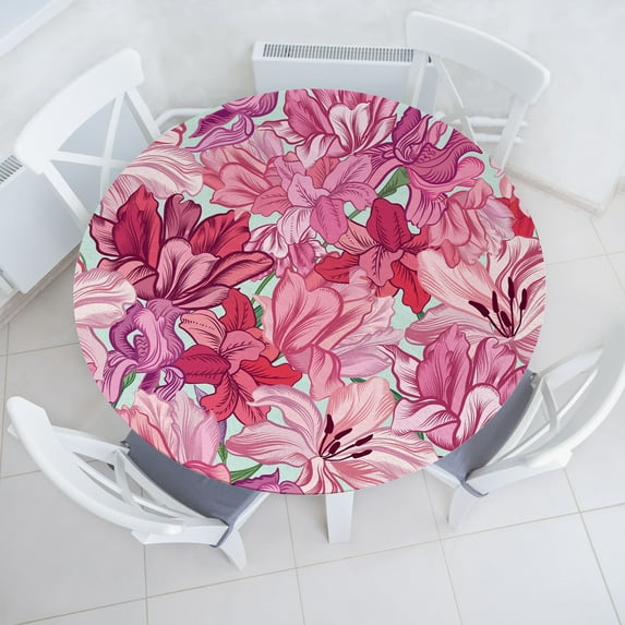 Ambesonne Floral Fitted Round Tablecloth, Flowers Pinkish Pattern Art, 40"- 44" Diameter, Dried Rose and Pale Ruby