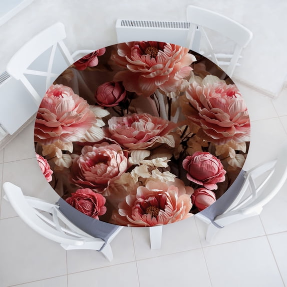Ambesonne Floral Fitted Round Tablecloth, Flowers Tropical Pinkish, 36"- 40" Diameter, Dark Coral Pale Pink