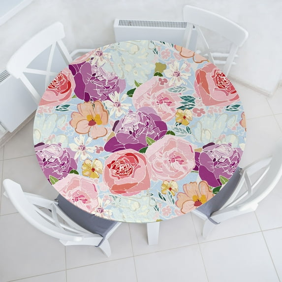 Ambesonne Floral Fitted Round Tablecloth, Flowers Vintage Exotics Art, 56"- 60" Diameter, Pale Fuchsia Pale Pink