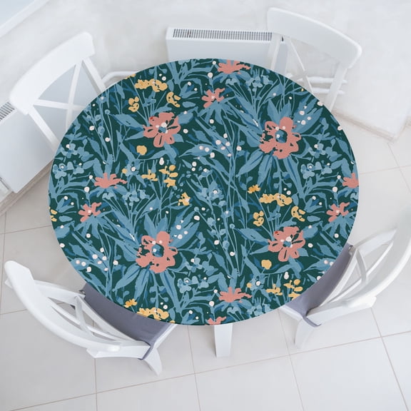 Ambesonne Floral Fitted Round Tablecloth, Garden Scene Flowers Leaves, 45"- 56" Diameter, Pale Salmon and Sea Blue