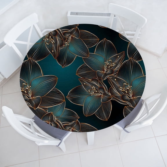 Ambesonne Floral Fitted Round Tablecloth, Geometric Art Retro Flowers, 45"- 56" Diameter, Petrol Blue and Cinnamon