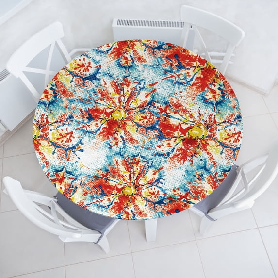 Ambesonne Floral Fitted Round Tablecloth, Grungy Blossoming Abstract, 40"- 44" Diameter, Vermilion Blue Mustard