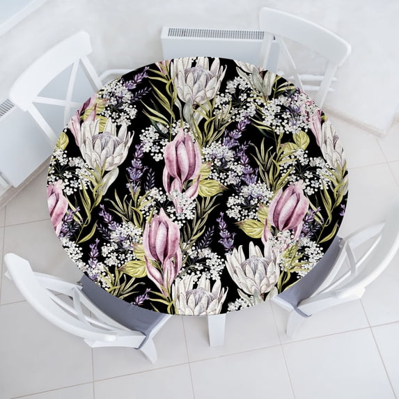 Ambesonne Floral Fitted Round Tablecloth, Gypsophila Lavender Flowers, 56"- 60" Diameter, Pistachio Green and Lilac