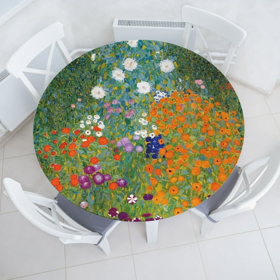 Ambesonne Floral Fitted Round Tablecloth, Impressionist Meadow Flowers, 36"- 40" Diameter, Green Multicolor