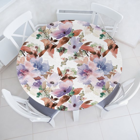 Ambesonne Floral Fitted Round Tablecloth, Leaves Petals Blossoms Print, 36"- 40" Diameter, Redwood Lavender Green