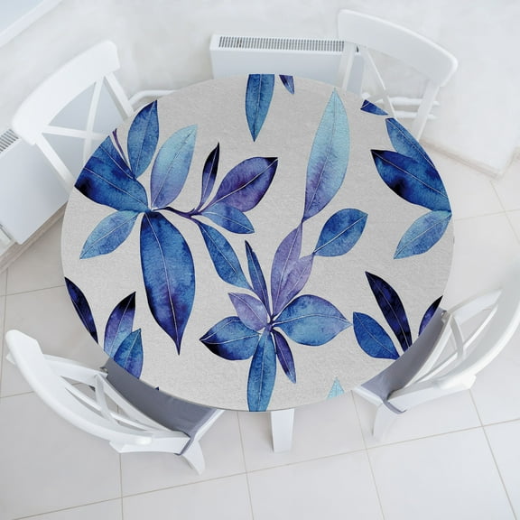 Ambesonne Floral Fitted Round Tablecloth, Leaves Tropical Plain Back, 36"- 40" Diameter, Ivory and Cobalt Blue