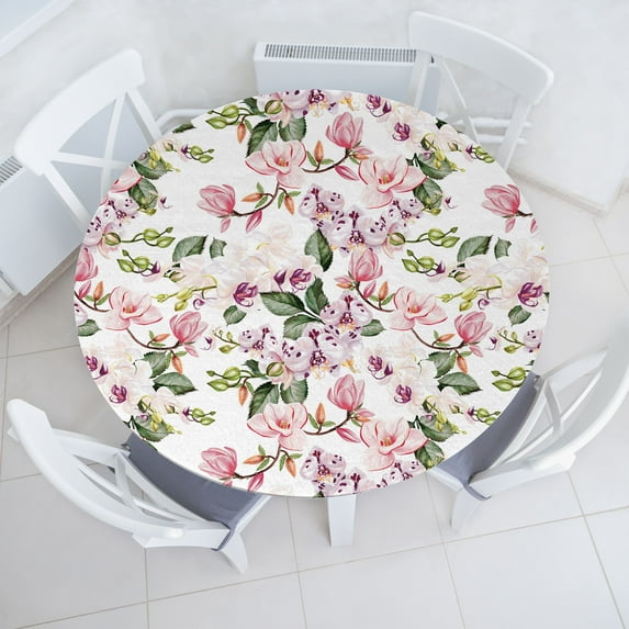 Ambesonne Floral Fitted Round Tablecloth, Magnolia and Orchid Petals, 36"- 40" Diameter, Pastel Pink and Laurel Green