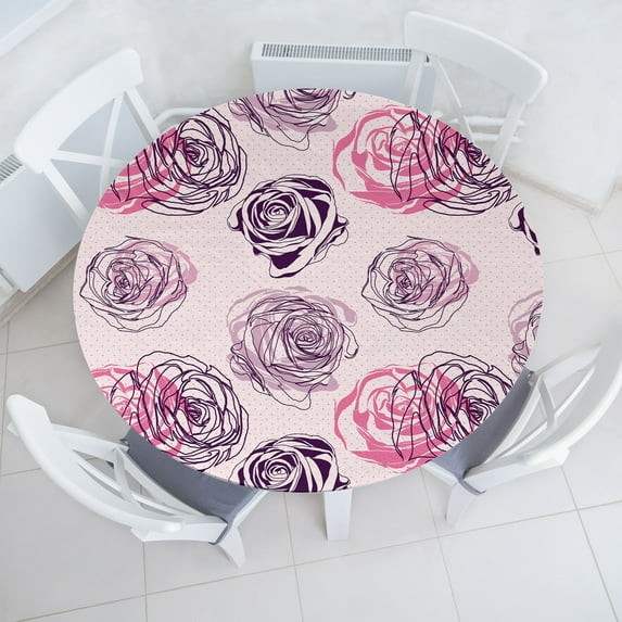 Ambesonne Floral Fitted Round Tablecloth, Minimalist Dots Rose Pattern, 40"- 44" Diameter, Dark Purple Grey Pink