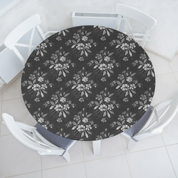 Ambesonne Floral Fitted Round Tablecloth, Minimalist Spring Flowers, 36"- 40" Diameter, Dark Grey