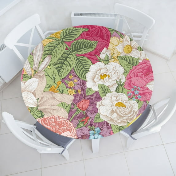 Ambesonne Floral Fitted Round Tablecloth, Modern Colorful Bold Flowers, 40"- 44" Diameter, Green Pink and Mauve