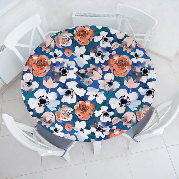 Ambesonne Floral Fitted Round Tablecloth, Modern Flourishes Flowers, 36"- 40" Diameter, Dark Teal Orange