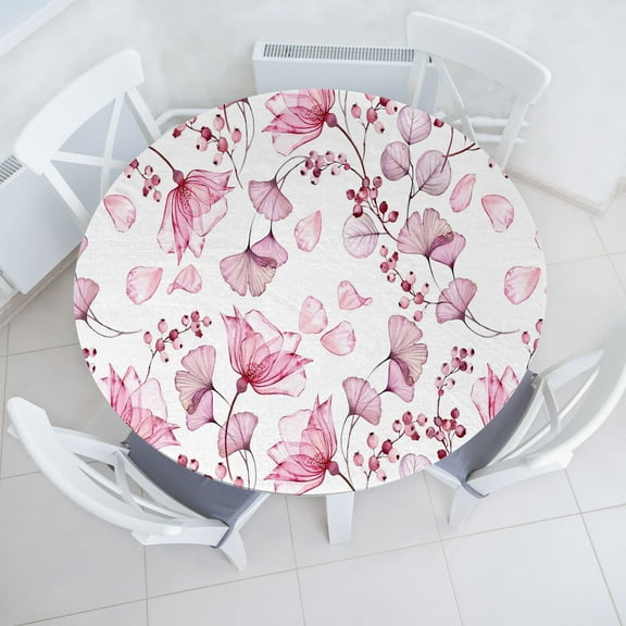 Ambesonne Floral Fitted Round Tablecloth, Modern Romantic Wild Ginkgo, 36"- 40" Diameter, Pink Dried Rose and White