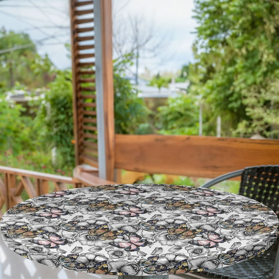 Ambesonne Floral Fitted Round Tablecloth, Monarch Butterfly Retro, 40"- 44" Diameter, Multicolor