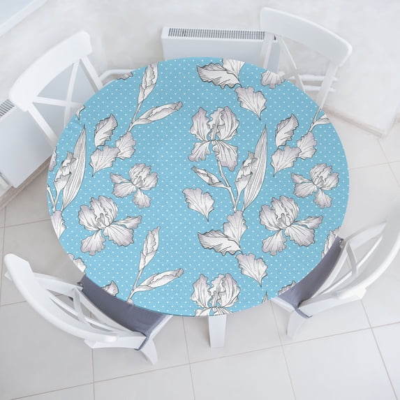 Ambesonne Floral Fitted Round Tablecloth, Monochrome Iris Flowers Dots, 40"- 44" Diameter, Deep Sky Blue and White