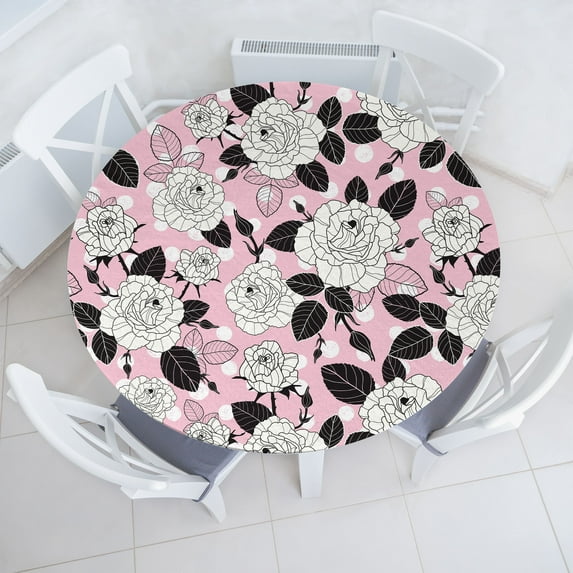 Ambesonne Floral Fitted Round Tablecloth, Monochrome Roses Polka Dots, 45"- 56" Diameter, Charcoal Grey Rose White