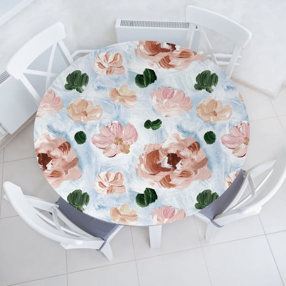 Ambesonne Floral Fitted Round Tablecloth, Oil Painting Wild Rose Print, 45"- 56" Diameter, Pale Blue and Warm Taupe