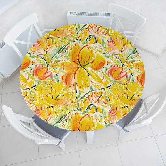 Ambesonne Floral Fitted Round Tablecloth, Orangish Digital Flowers Art, 40"- 44" Diameter, Earth Yellow and Lime Green