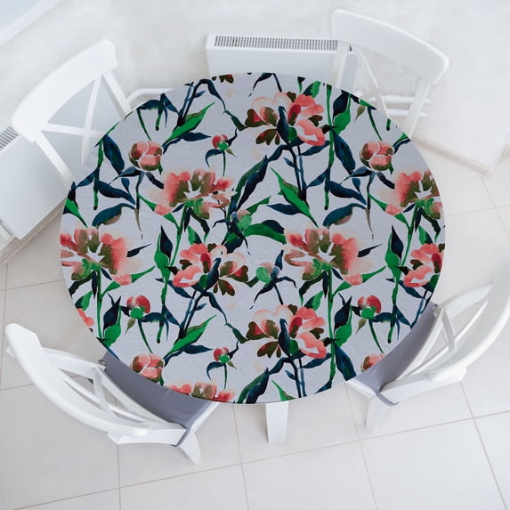 Ambesonne Floral Fitted Round Tablecloth, Peonies Botanical Nature, 45"- 56" Diameter, Fern Green and Soft Pink