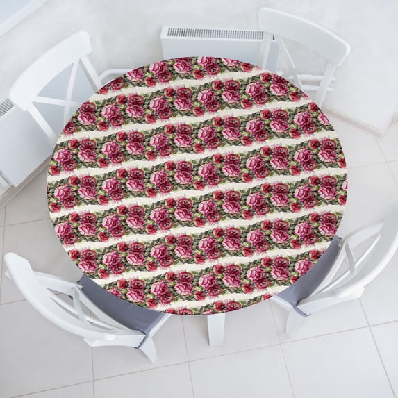 Ambesonne Floral Fitted Round Tablecloth, Peonies Repetitive Garden, 36"- 40" Diameter, Dark Coral and Pale Khaki