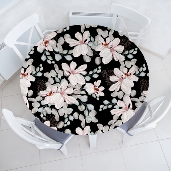 Ambesonne Floral Fitted Round Tablecloth, Peony Flowers Roses Print, 40"- 44" Diameter, Pale Salmon and Sea Green