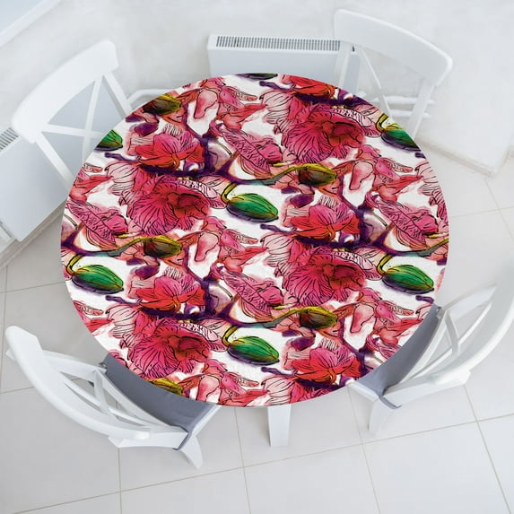 Ambesonne Floral Fitted Round Tablecloth, Phalaenopsis Orchid Pattern, 36"- 40" Diameter, Dark Coral Lime Green