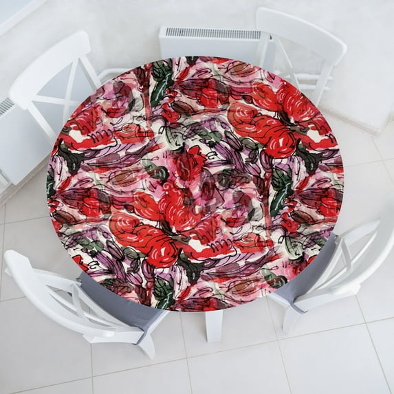 Ambesonne Floral Fitted Round Tablecloth, Red Flowers Oversimplified, 36"- 40" Diameter, Scarlet Hunter Green and Grey