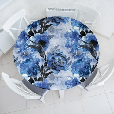 Ambesonne Floral Fitted Round Tablecloth, Retro Cold Tones Peony Print, 36"- 40" Diameter, Azure Blue and Dark Grey