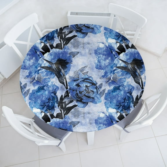 Ambesonne Floral Fitted Round Tablecloth, Retro Cold Tones Peony Print, 36"- 40" Diameter, Azure Blue and Dark Grey