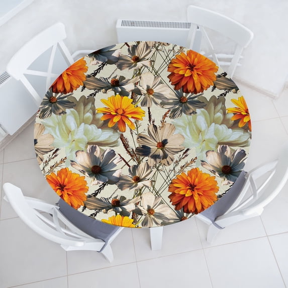Ambesonne Floral Fitted Round Tablecloth, Retro Garden Flower Petals, 45"- 56" Diameter, Marigold Ivory and Eggshell