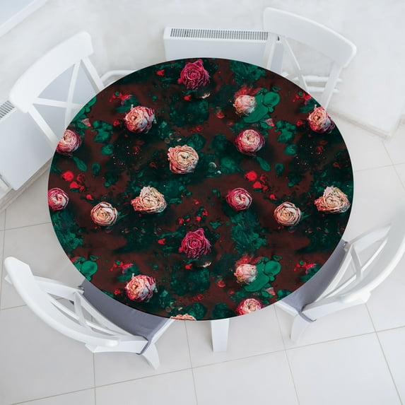 Ambesonne Floral Fitted Round Tablecloth, Romantic Dried Pinkish Roses, 36"- 40" Diameter, Hunter Green Redbrown