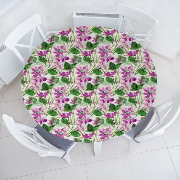 Ambesonne Floral Fitted Round Tablecloth, Romantic Summer Flowers Art, 45"- 56" Diameter, Off White and Forest Green