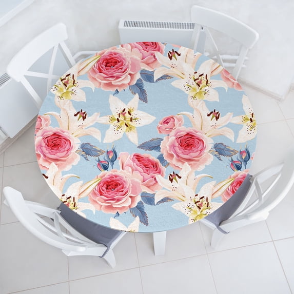 Ambesonne Floral Fitted Round Tablecloth, Rose Lily Flowers Vintage, 40"- 44" Diameter, Dark Coral and Soft Blue
