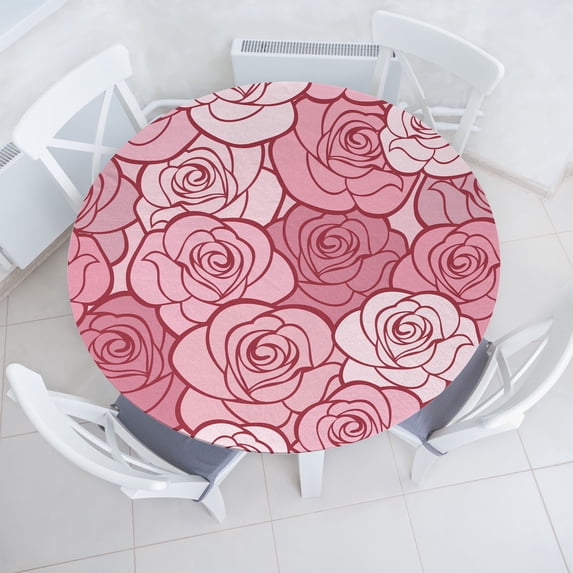 Ambesonne Floral Fitted Round Tablecloth, Rose Scene Pattern Neutral, 56"- 60" Diameter, Soft Pink Pale Mauve