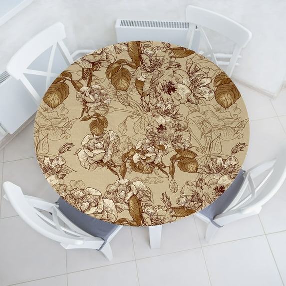 Ambesonne Floral Fitted Round Tablecloth, Roses Engraving Retro Print, 56"- 60" Diameter, Dark Khaki Champagne