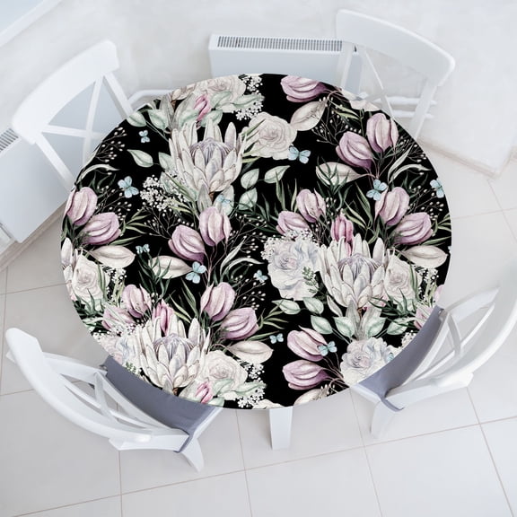 Ambesonne Floral Fitted Round Tablecloth, Roses Lavender Eucalyptus, 40"- 44" Diameter, Purple Grey and Off White
