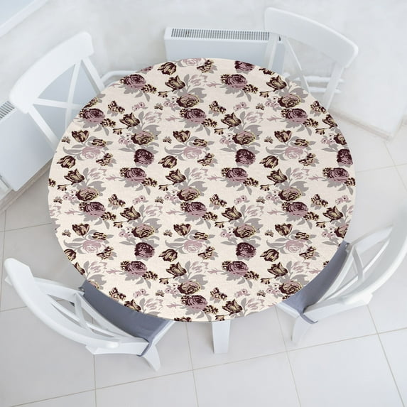 Ambesonne Floral Fitted Round Tablecloth, Roses with Autumn Leaves Art, 36"- 40" Diameter, Maroon Mauve and Ivory