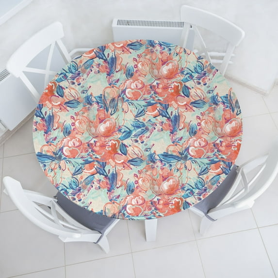 Ambesonne Floral Fitted Round Tablecloth, Spring Flower Fashion Art, 45"- 56" Diameter, Pastel Pink Sea Blue