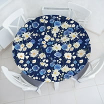 Ambesonne Floral Fitted Round Tablecloth, Spring Wildflower Meadow, 36"- 40" Diameter, Blue White Night Blue