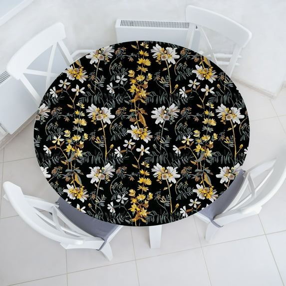 Ambesonne Floral Fitted Round Tablecloth, Summer Meadow Flower Botany, 56"- 60" Diameter, Mustard Grey and Black