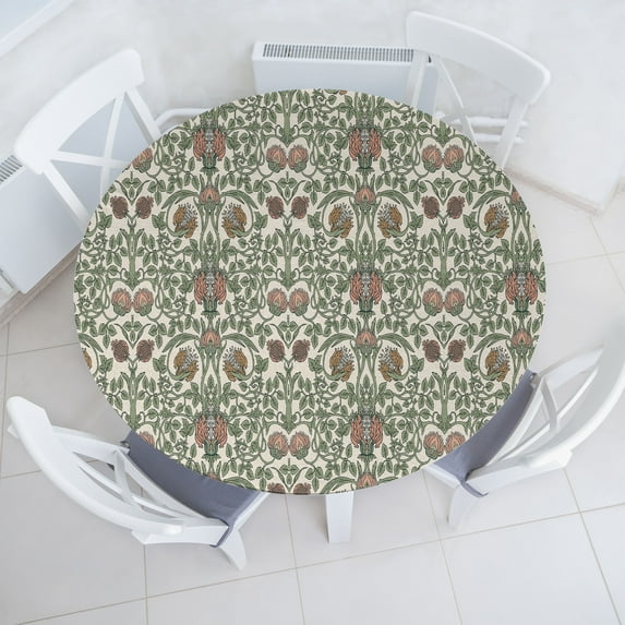 Ambesonne Floral Fitted Round Tablecloth, Swirly Branches Flowers Art, 36"- 40" Diameter, Beige Peacock Green Peach