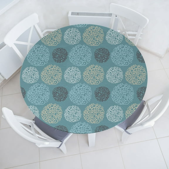 Ambesonne Floral Fitted Round Tablecloth, Swirly Floral Lace Design, 40"- 44" Diameter, Cadet Blue White Ecru