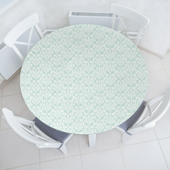 Ambesonne Floral Fitted Round Tablecloth, Traditional Damask Meadow, 45"- 56" Diameter, Pale Mint Green