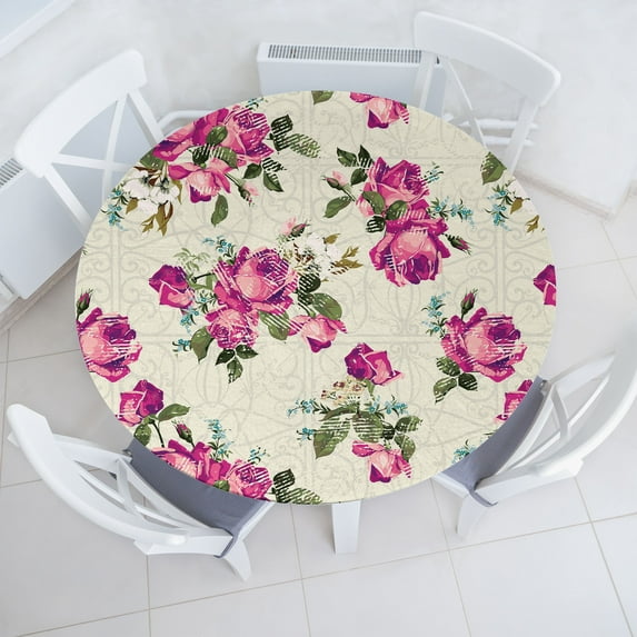 Ambesonne Floral Fitted Round Tablecloth, Valentine Rose Flowers Plot, 40"- 44" Diameter, Pale Fuchsia and Sepia