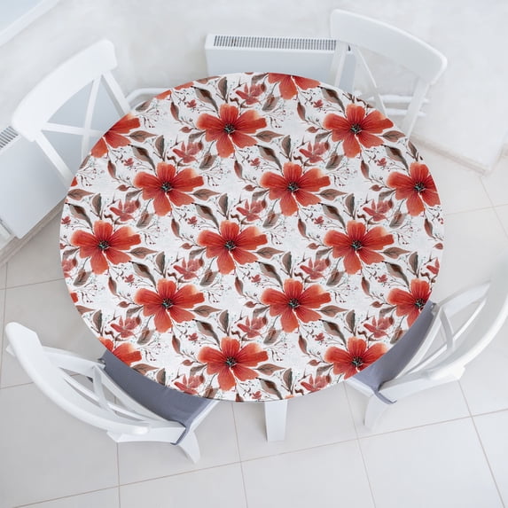 Ambesonne Floral Fitted Round Tablecloth, Vintage Garden Vibes Flower, 56"- 60" Diameter, Pale Sepia Salmon and White