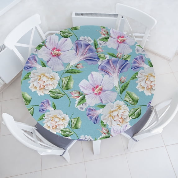 Ambesonne Floral Fitted Round Tablecloth, Vintage Hibiscus Roses Print, 40"- 44" Diameter, Lilac Seafoam and Green