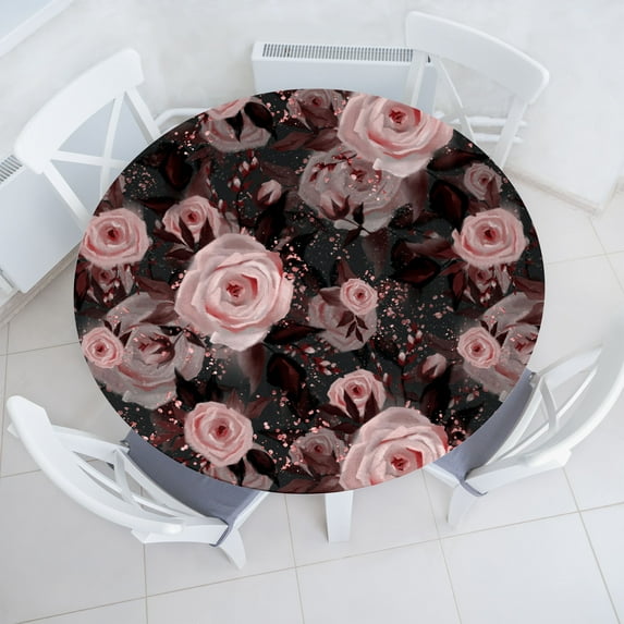 Ambesonne Floral Fitted Round Tablecloth, Vintage Roses Pastel Print, 36"- 40" Diameter, Pale Redwood and Dark Grey