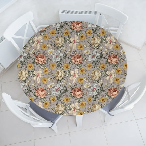 Ambesonne Floral Fitted Round Tablecloth, Vintage Style Hibiscus Art, 56"- 60" Diameter, Mauve Mustard Rose